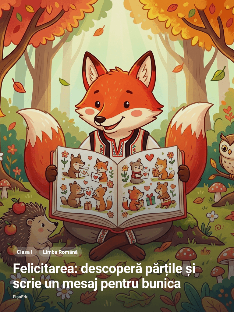 Felicitarea: descoperă părțile și scrie un mesaj pentru bunica
