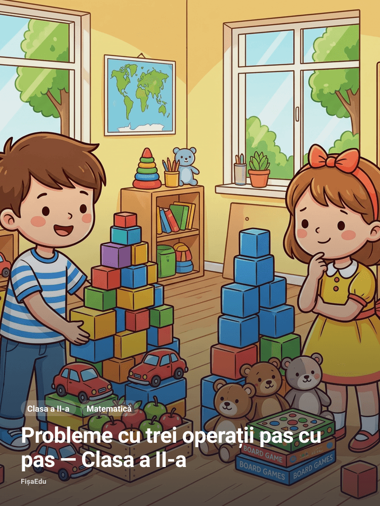 Probleme cu trei operații pas cu pas — Clasa a II-a
