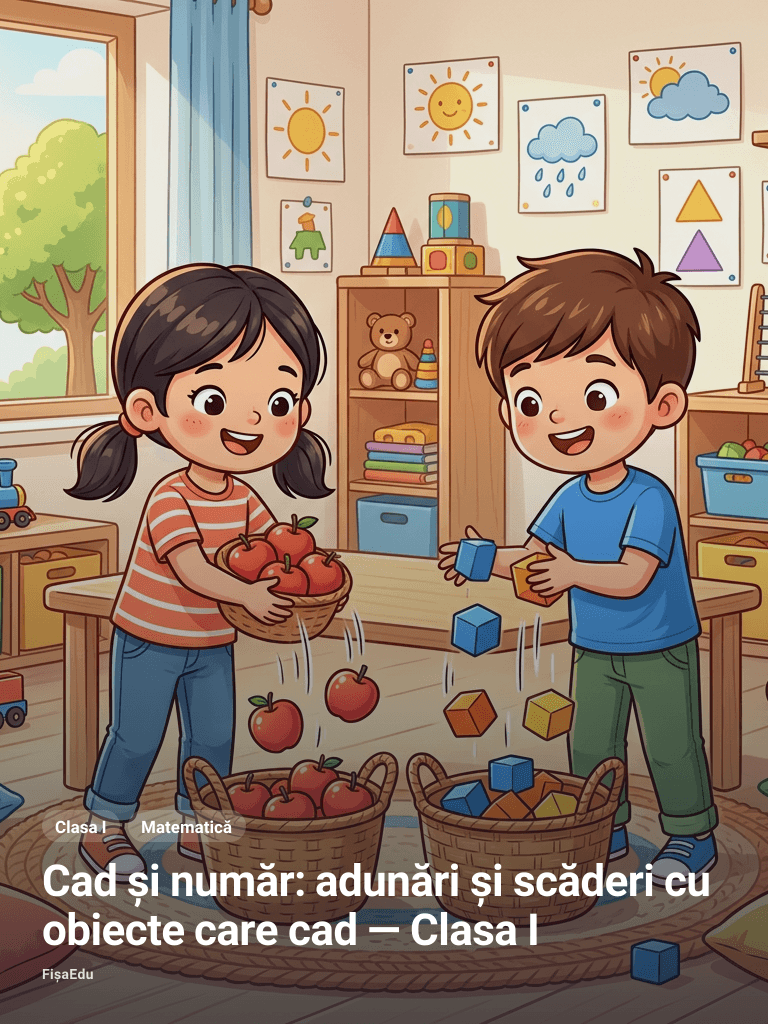 Cad și număr: adunări și scăderi cu obiecte care cad — Clasa I