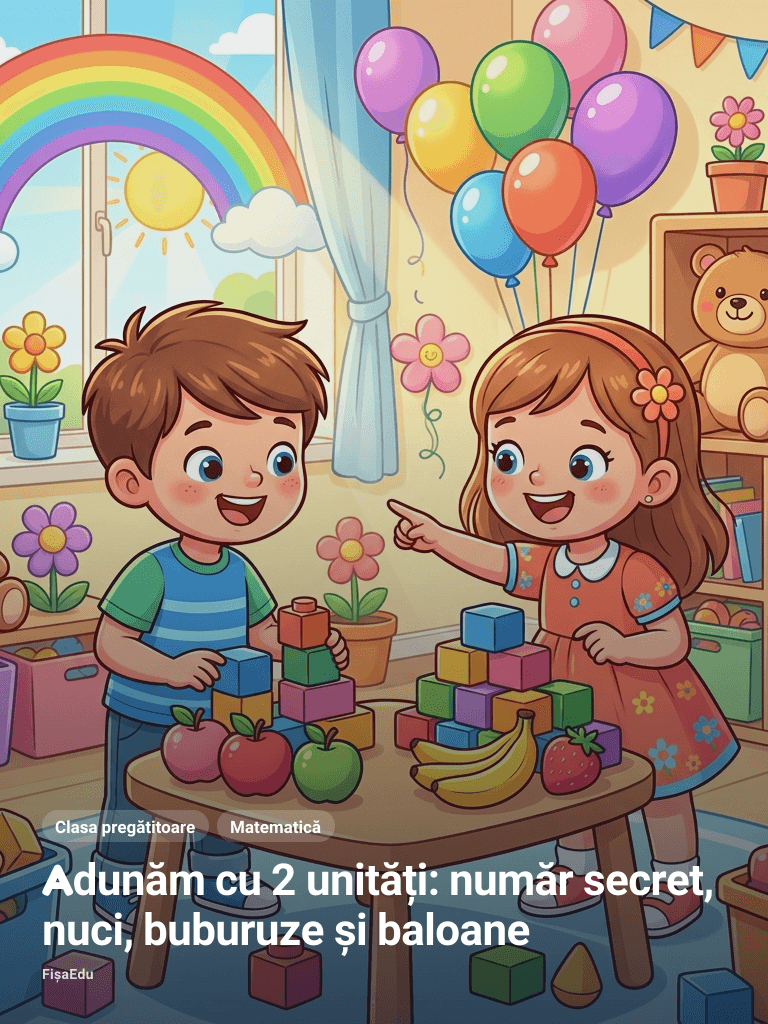 Adunăm cu 2 unități: număr secret, nuci, buburuze și baloane