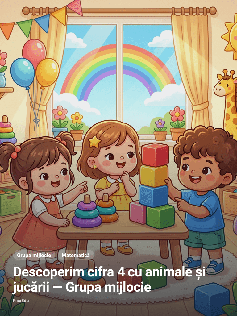 Descoperim cifra 4 cu animale și jucării — Grupa mijlocie