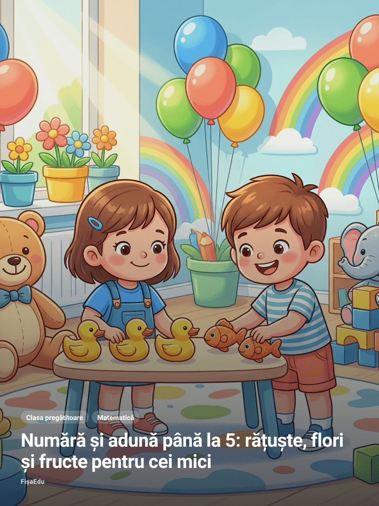 Numără și adună până la 5: rățuște, flori și fructe pentru cei mici