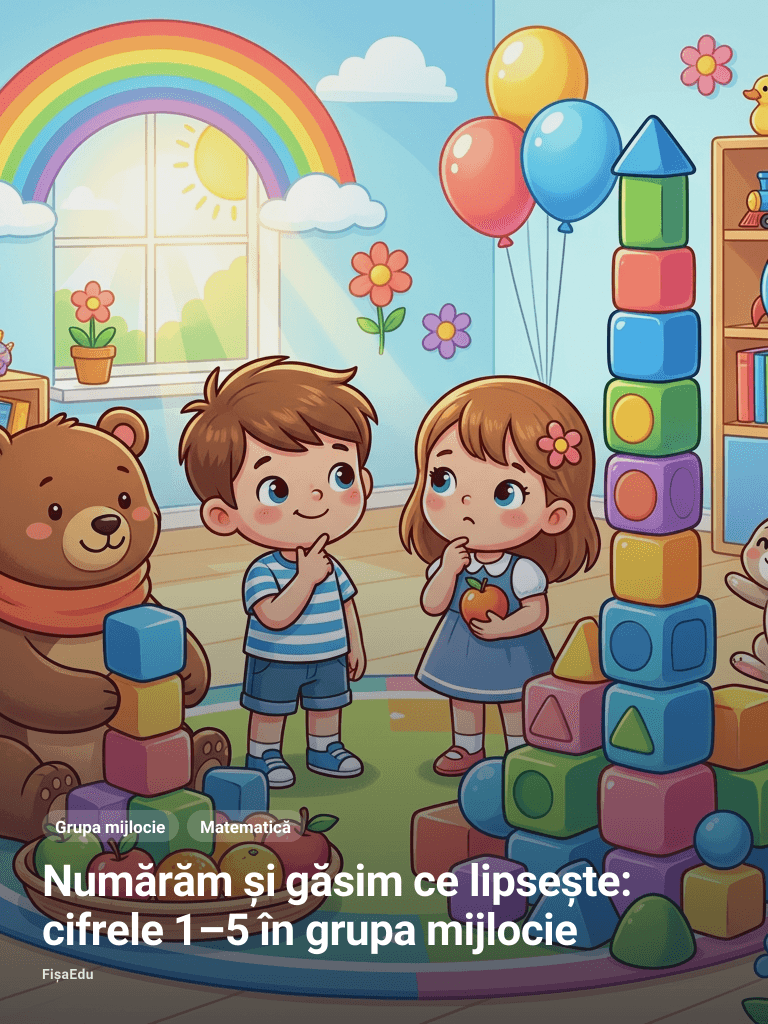 Numărăm și găsim ce lipsește: cifrele 1–5 în grupa mijlocie