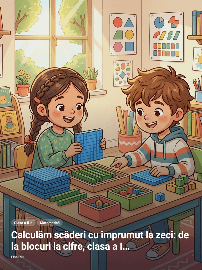Calculăm scăderi cu împrumut la zeci: de la blocuri la cifre, clasa a II-a